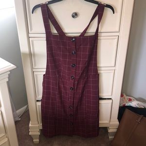 maroon and white stripped overall dress